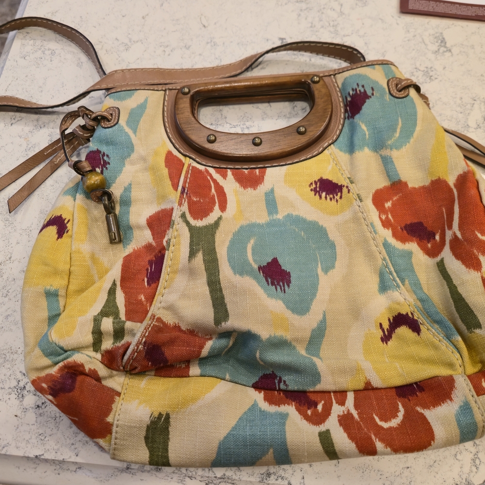 Floral Canvas Shoulder Bag with Leather Accents